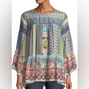 Johnny Was Peonies Georgette Flare-Sleeve Blouse size Large